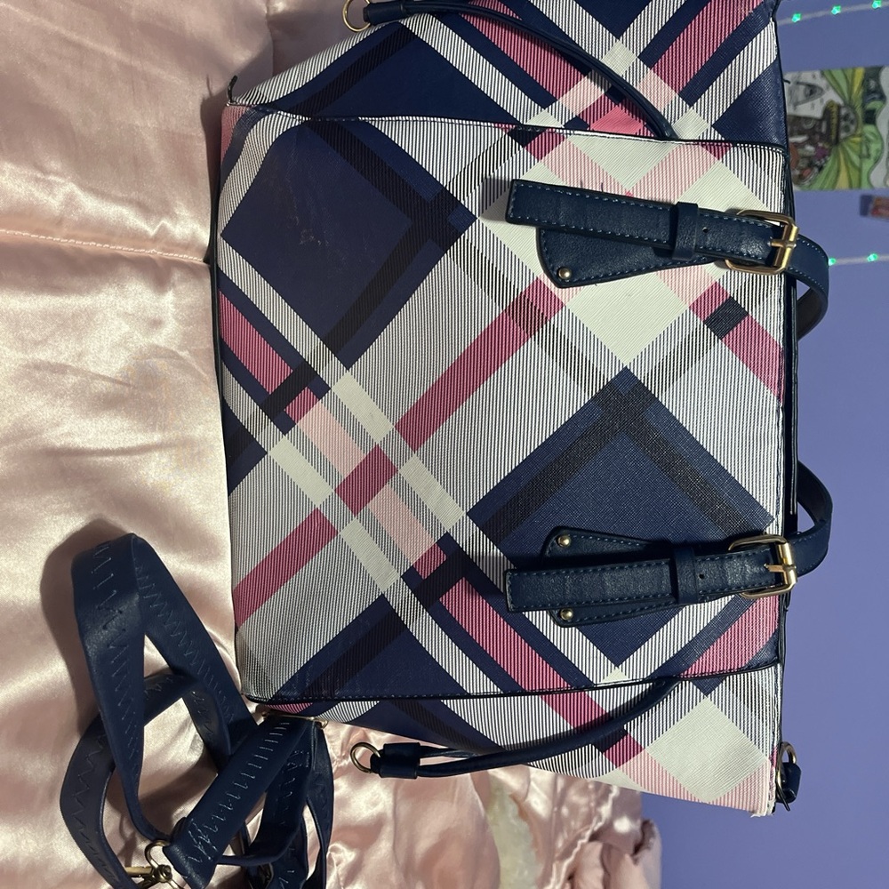 Stylish Plaid Women's Bag in Navy and Pink